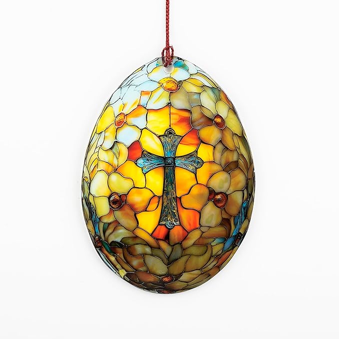 Easter Ornaments for Tree, Easter Basket Stuffers, Egg Ornaments, Suncatcher for Decorations, Windows, Classroom Gifts, He is Risen, Christian Ornament (1, Egg Cross)