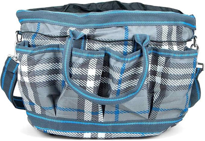 Jeffers Poplar Head Grooming Bag – Horse Grooming Organizer Tote with Pockets for Brushes, Tools, Clippers, Shampoo, Detangler – Stable Barn Kit Carrier for Horses, Pets, Hamilton Blue & Slate Plaid