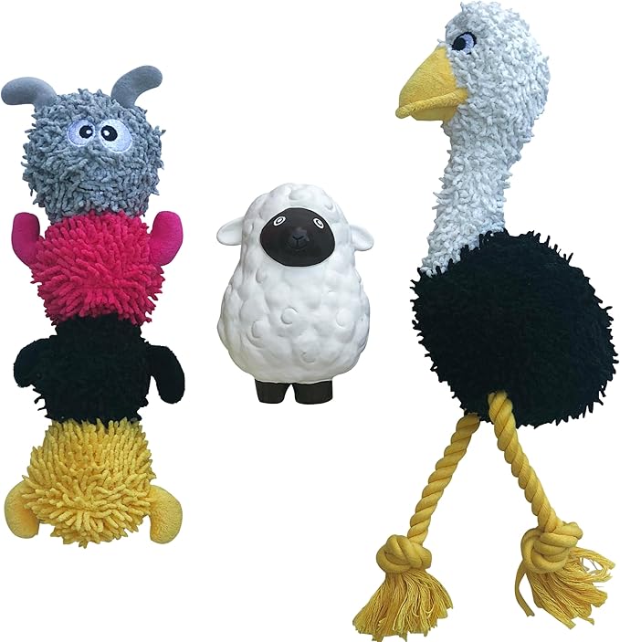 rocket & rex Dog Chew Toy Set for Small to Medium Breeds, Includes a Rope Toy, Rubber Squeaker and Plush Toys with Ball, Reduces Destructive Chewing & Anxiety (Pack of 3)
