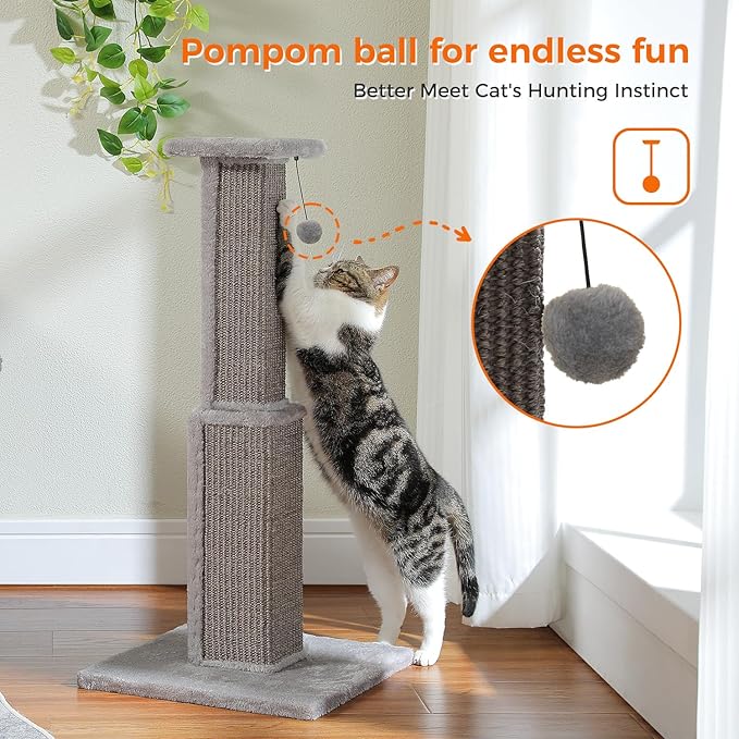 PAWZ Road Large Cat Scratching Post 32” Tall Scratching Post for Indoor Cats Adults Ultimate Scratch Post with Woven Sisal, Large Base and Removable Dangling Ball- Grey