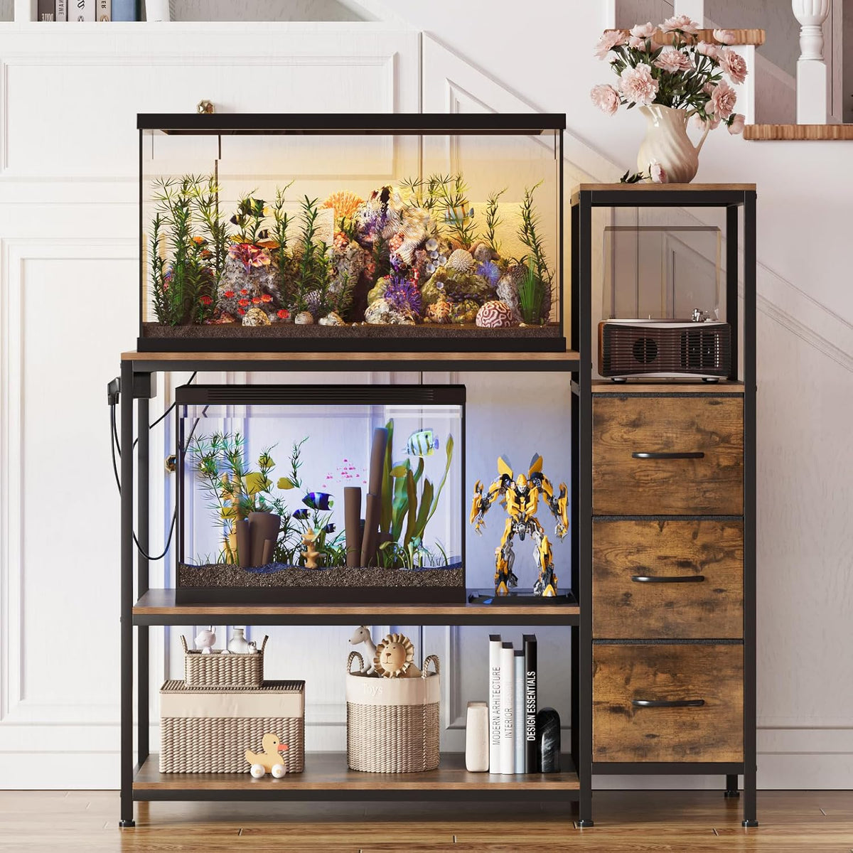 20 Gallon Aquarium Stand with Power Outlets Fish Tank Stand with 3 Drawers Metal Frame Heavy Duty Reptile Tank Stand with 3-Tier Storage Shelves,Left/Right Assembly, Adjustment Height