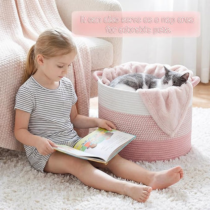 40L Large Cotton Rope Basket, Decorative Woven Blanket Storage for Living Room, Boho Toy Storage & Toy Box for Kids, Versatile Laundry Basket & Nursery Hamper for Blankets(Pink)