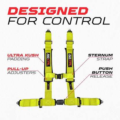 1pc 50 Cal Yellow 4 Point Harness 2in Straps, Racing Harness Seat Belt | Ultra Kush padding, Push Button quick release hardware. Universal Fit for UTV, RZR, race car.