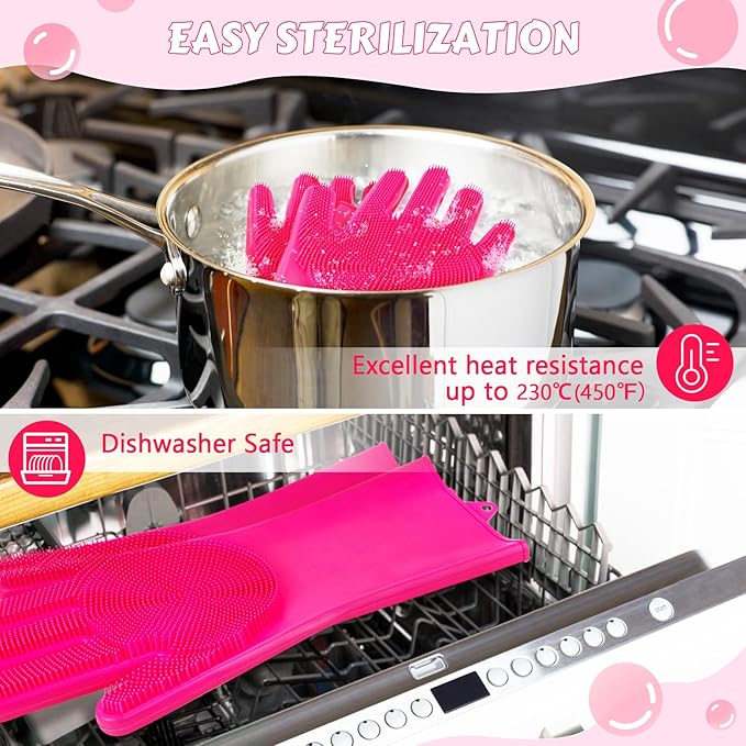 Pecute Pet Grooming Gloves - Heat Resistant Silicone Gloves with High-Density Teeth and Enhanced Five Finger Design for Bathing and Massaging Dogs and Cats (Pink)