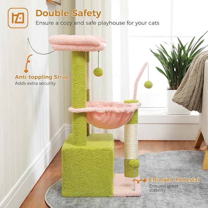 PEQULTI 4-in-1 Multi-Level Cat Tower, 33'' Pink Cat Tree for Indoor Cats with Large Condo, Scratching Post for Cats with Deep Hammock& Cozy Top Perch