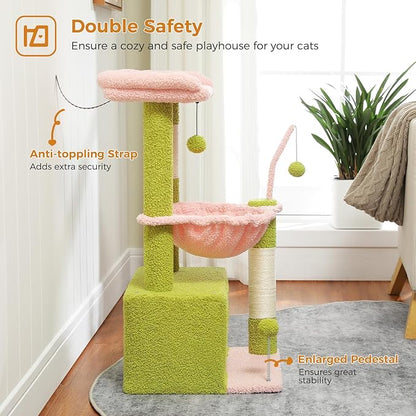 PEQULTI 4-in-1 Multi-Level Cat Tower, 33'' Pink Cat Tree for Indoor Cats with Large Condo, Scratching Post for Cats with Deep Hammock& Cozy Top Perch