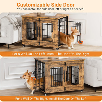 Lulive Dog Crate Furniture, Dog Kennel Indoor Double Doors Wooden Dog Cage, 32'' Heavy Duty Dog Crate with Cushion & Wheels, Decorative End Table Pet House Chew-Resistant for Medium/Small, Brown