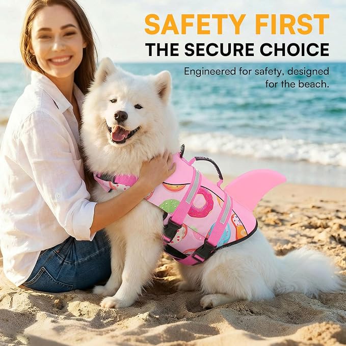 Dog Life Jacket, Dog Life Vest for Swimming, Doggie Shark Swimming Vest with Rescue Handle, Adjustable Reflective Pet Lifesaver Preserver for Small Dogs, Pink Donut S