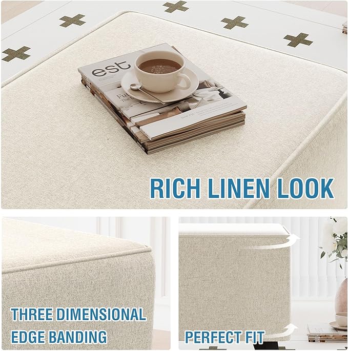H.VERSAILTEX Durable Ottoman Cover Linen Look Storage Ottoman Slipcover Thick Footrest Stool Covers with Storage Side Pocket for Square Ottoman Fit Length 24"-25" Footrest - Heather Ivory