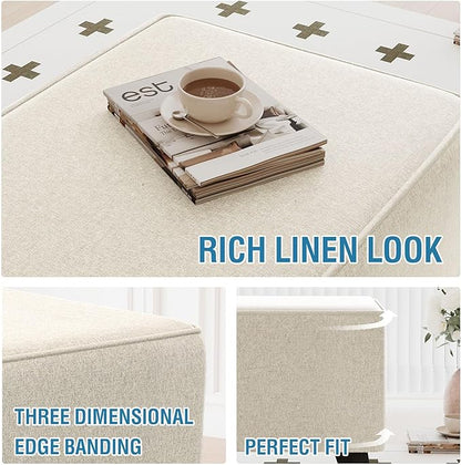 H.VERSAILTEX Durable Ottoman Cover Linen Look Storage Ottoman Slipcover Thick Footrest Stool Covers with Storage Side Pocket for Square Ottoman Fit Length 24"-25" Footrest - Heather Ivory
