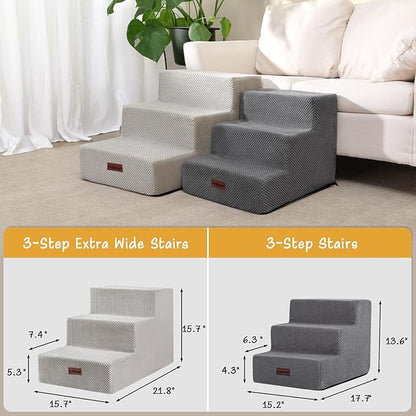 Dog Stairs for Small Dogs & Cats, 3-Step Extra Wide Non-Slip Pet Steps for Couch Sofa and Chair, Light Grey, 15.7" H