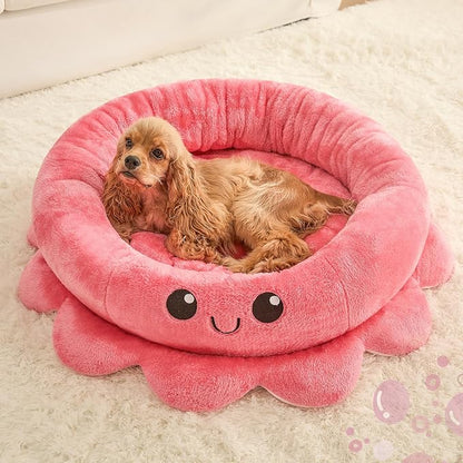 Cute Calming Dog Beds Clearance for Large Dogs, Anxiety Bolster Dog Bed with Octopus Shape, Pink, Red, Boho, Round Pet Bed Cat with Removable Cushion