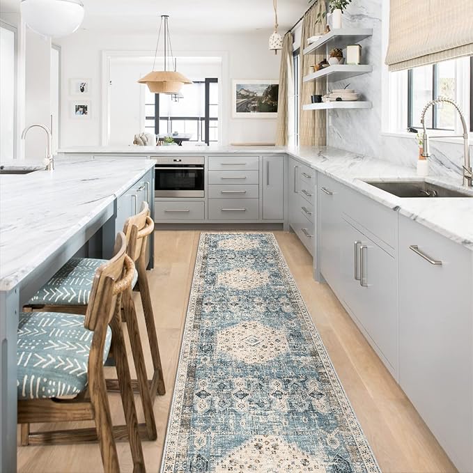 Hallway Washable Runner Rug 2'6x12 - Kitchen Runner Rugs with Non Slip Backing Stain Resistant Rugs for Living Room Bedroom Carpet Distressed Rug Floor Deocr Mat (2‘6''x12', Aqua Blue)