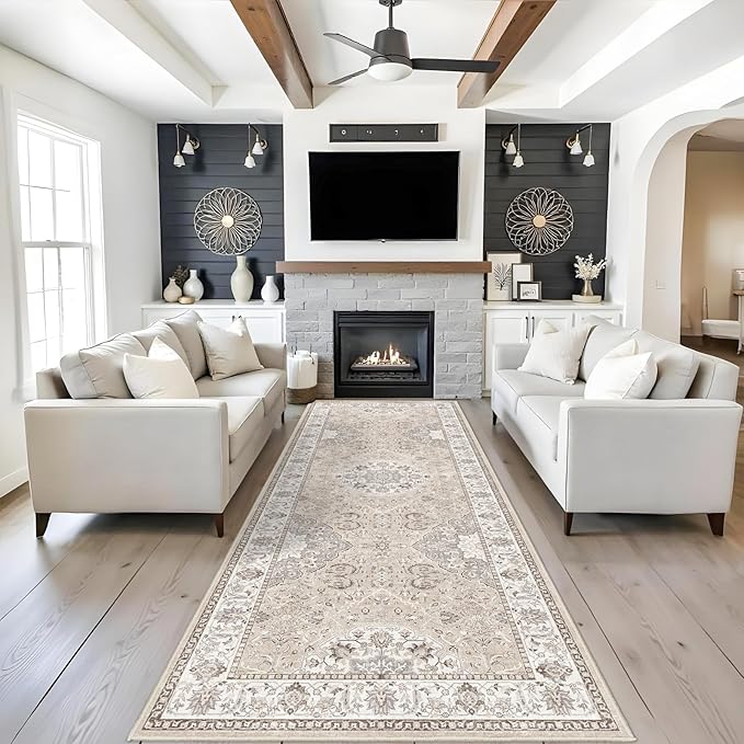 4x10 Hallway Wide Runner Rug: Washable Oriental Soft Area Rug for Living Room Bedroom Stain Resistant Low Pile Carpet for Entryway Ktichen Thin Non Slip Floor Mat for Bathroom Dining Room(Beige,4x10)