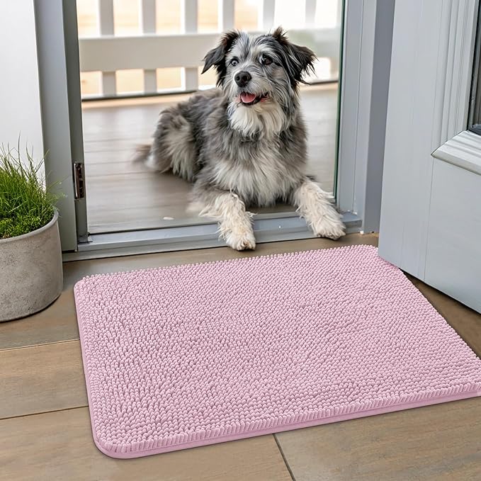 Smiry Dog Door Mat for Muddy Paws 24x16, Absorbs Moisture and Dirt Doormat, Non-Slip Washable Quick Dry Chenille Front Door Mat Indoor Entrance, Entryway Carpet for Inside Floor, Dusty Rose