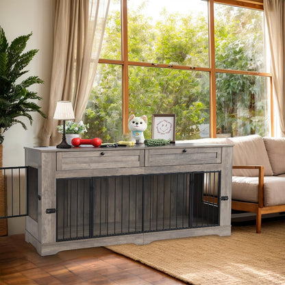 Large Dog Crate Furniture-Decorative Heavy Duty Dog Cage Indoor, Wooden Dog Cage End Table with Charging Station, Dog House with 2 Drawers (Gray, 70.86''L)