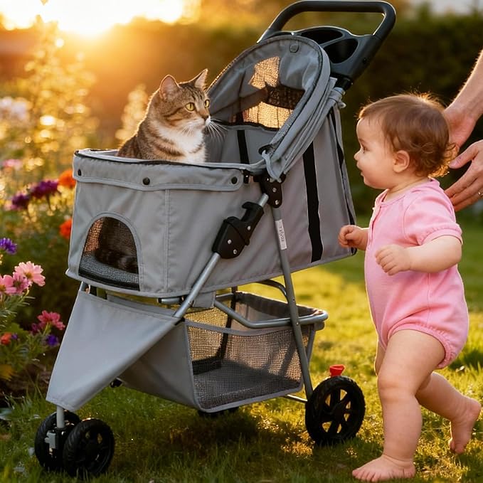 Sweetcrispy 3 Wheels Pet Stroller for Small Dogs and Cats – Foldable Dog Stroller with Mesh Windows, Storage Basket & Cup Holder, Lightweight & Durable Pet Carrier for Travel, Outdoor Use, Grey
