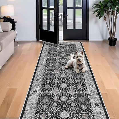 Washable 4x12 Hallway Runner Rug: Vintage Soft Carpet for Living Room Bedroom Stain Resistant Area Rug with Non-Slip Backing for Entryway Kitchen Thin Floor Mat for Bathroom Dining Room(Black,4x12)