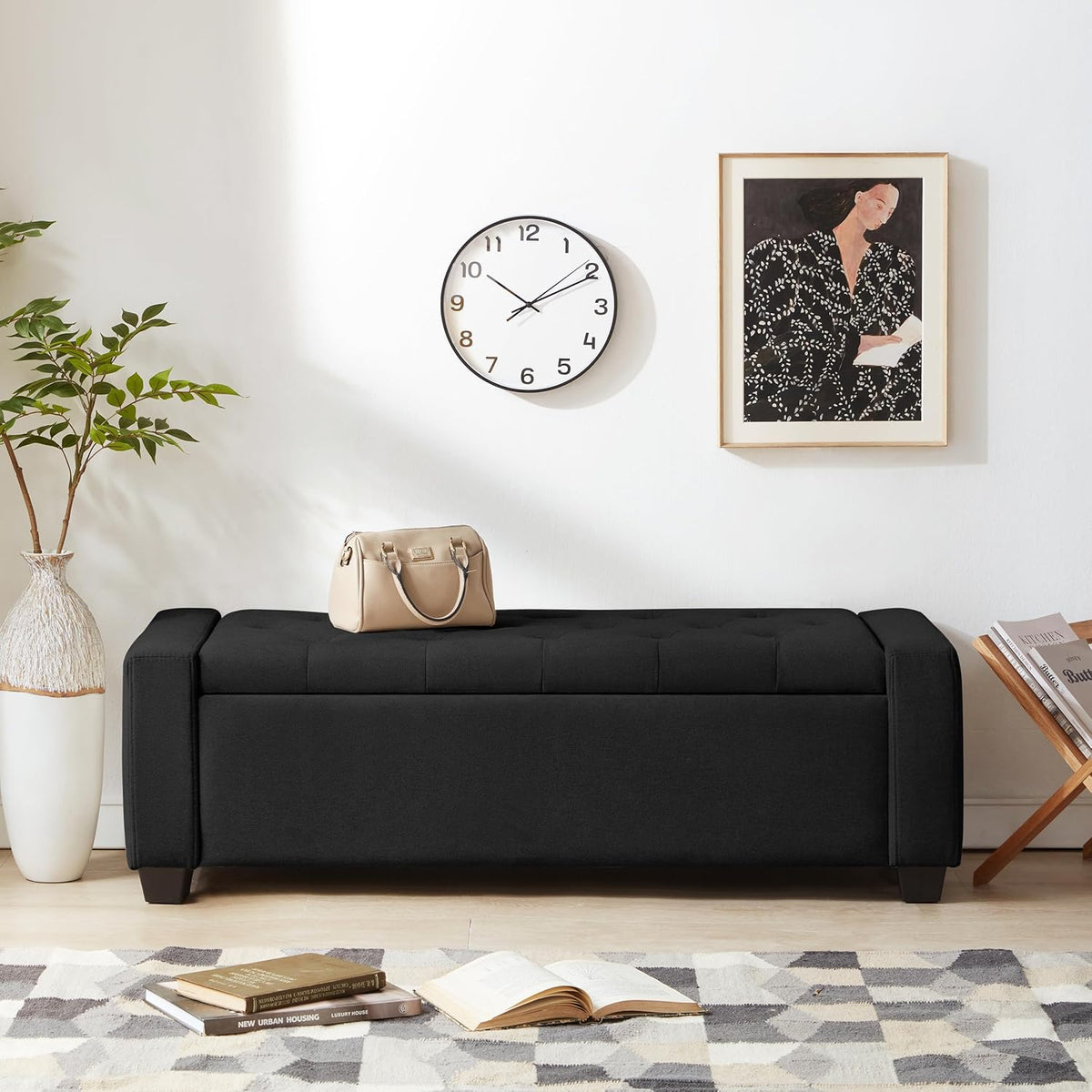 48" Ottoman with Storage, Black Storage Ottoman Bench with Safety Hinge, Upholstered Entryway Bench with Seating for Bedroom, Living Room, Holds up to 330 lb