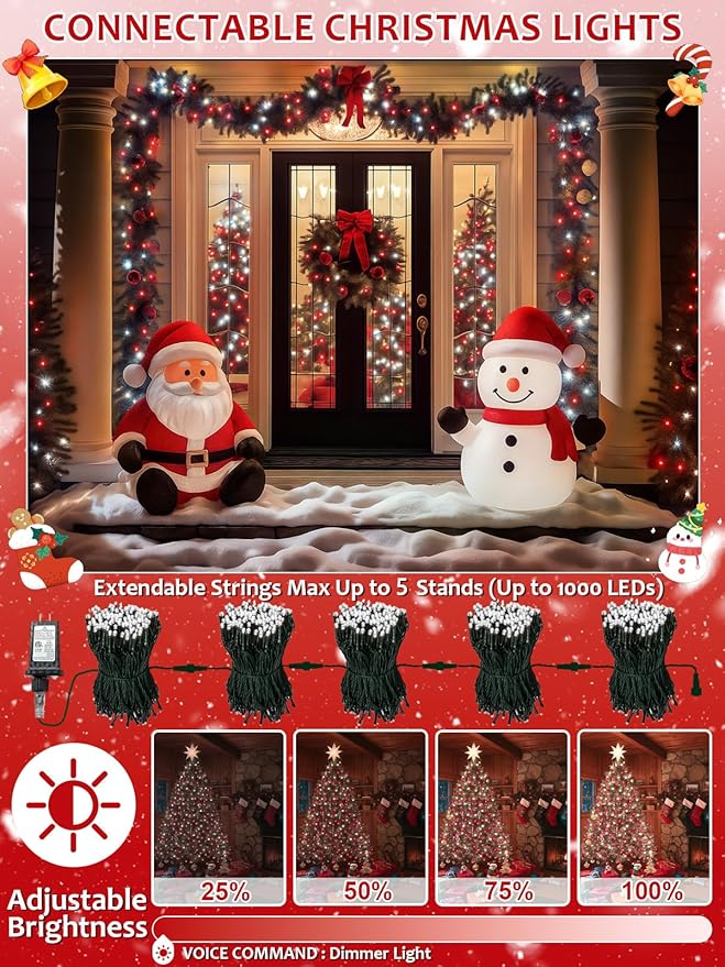 Voice Controlled Smart Christmas String Lights, 75.8ft 200 LED Extendable Fairy Lights with 7 Voice Commands, 12 Modes & Timer, Waterproof Christmas Decorations for Party Tree Garden (Red and White)