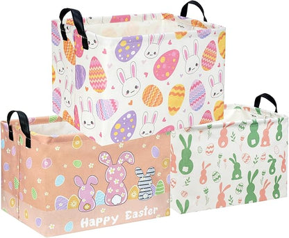 Rectangular 3Pack Easter Baskets Gift Bins Empty Pink Bunny Kids Storage Basket Baby Boy Baskets Kids Toy Storage Bin Organizer Box.(3Pack Easter Basket)