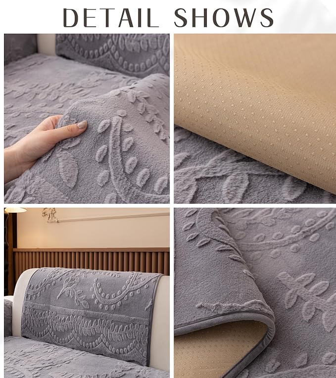Grey Fuzzy Rabbit Plush Sofa Cover Cozy Warm Sofa Couch Covers with 3D Jacquard Leaf Pattern Non-Slip Easy-to-Install Shaggy Sofa Slipcover Prefect for Kids Dogs Cats Cats(Grey,36"x36")
