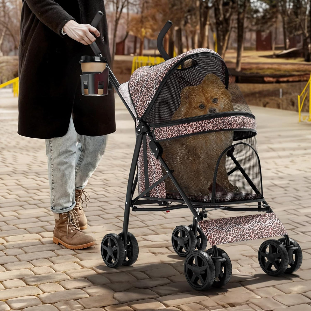 Magshion Compact Pet Stroller for Small-Medium Dogs/Cats up to 22lbs, 4-Wheel Lightweight Umbrella Shaped Portable Puppy Travel Jogger with Breathable Mesh, Cup Holder & Rear Storage, Leopard Print