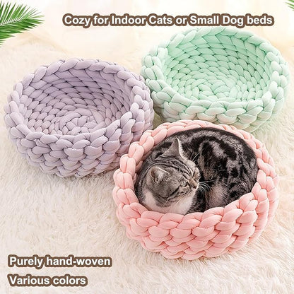 Woven Dog Bed Basket, Knitted Cotton Cat Bed Round Washable Woven Cat Pet Bed Chunky Dog Basket, Orthopedic, Chunky Knit Dog Nest,Dog Bed,Dog Cave,Dog Bedding(White,23")