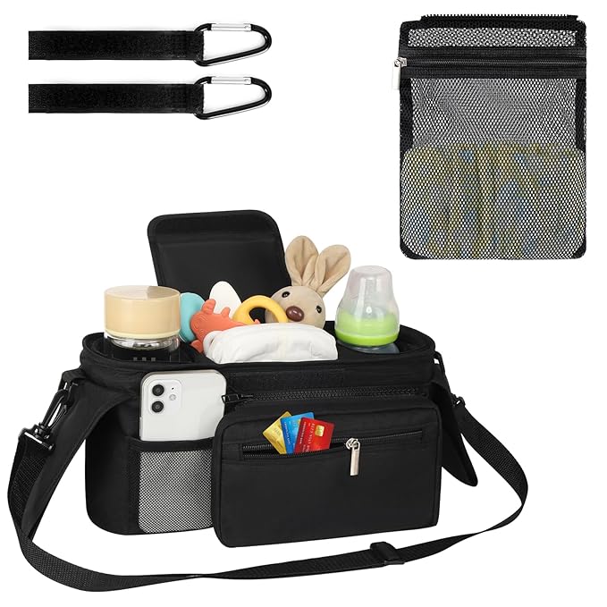 Accmor Universal Stroller Organizer with Insulated Cup Holder Detachable Phone Bag and Shoulder Strap,Stroller Bag Caddy Organizer Fits for Uppababy, Baby Jogger, Britax Strollers