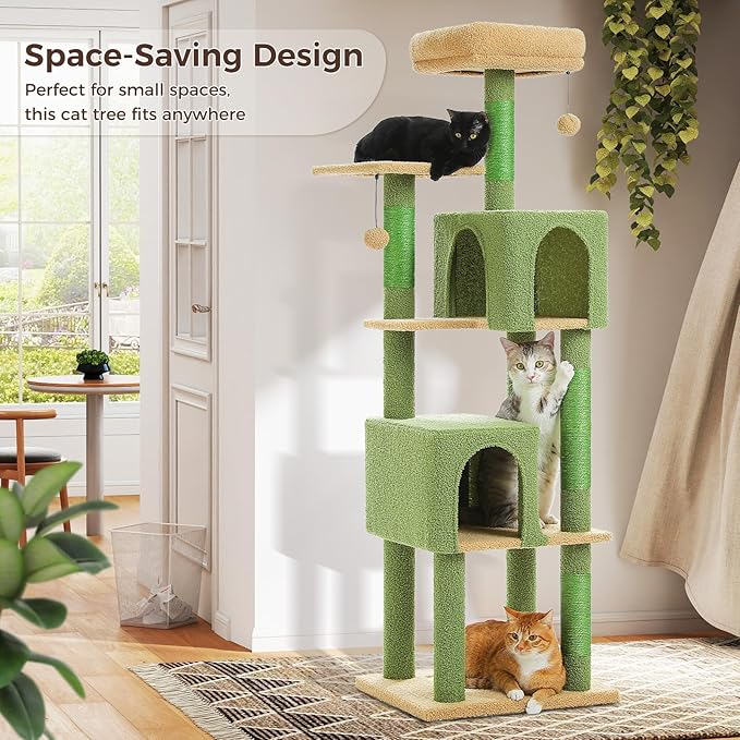 MUTTROS 62" Cat Tree for Indoor Cats, Multi-Level Cat Tower for Large Cats with Scratching Posts, 2 Spacious Plush Condos, Padded Perch, Soft Cat Bed, Scratching Pad & 2 Pompoms, Green