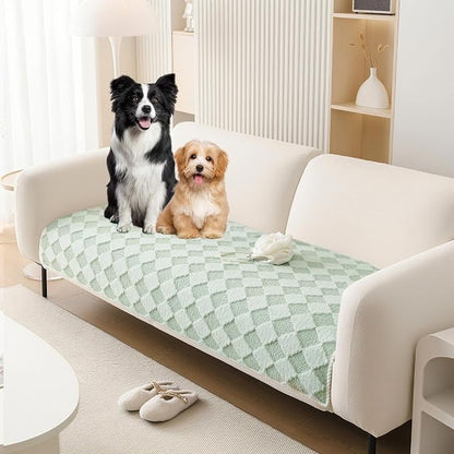 HANDONTIME Non-Slip Pet Couch Cover Washable, Plush Faux Fur Couch Protector for Cushion Pet-Friendly Sofa Covers for Dogs, Checkered Diamond Sectional Covers Dog Mat for Sofa (Green, 35.6" x 63")