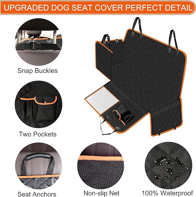 Femuar Dog Car Seat Cover, Waterproof Nonslip Pet Seat Cover for Back Seat with Storage Pockets Mesh Visual Window, Heavy Duty Scratchproof Pet Dog Seat Cover Hammock for Cars Trucks and SUVs