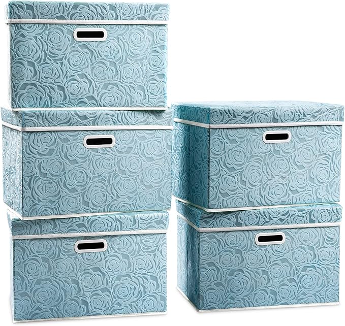 PRANDOM Stackable Storage Cubes with Lids [5-Pack] Fabric Decorative Storage Box Bins Organizer Containers Baskets with Cover Handles Divider for Bedroom Closet Living Room Blue 14.9x9.8x9.8 Inch