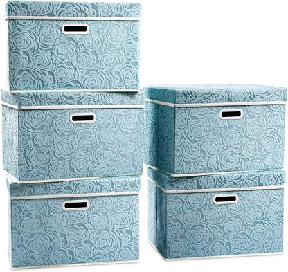 PRANDOM Stackable Storage Cubes with Lids [5-Pack] Fabric Decorative Storage Box Bins Organizer Containers Baskets with Cover Handles Divider for Bedroom Closet Living Room Blue 14.9x9.8x9.8 Inch
