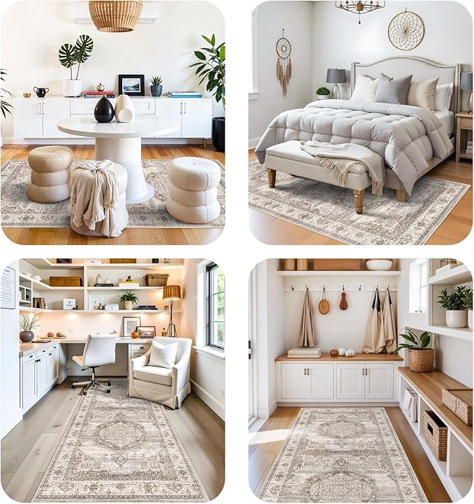 4x10 Washable Hallway Runner Rug: Oriental Living Room Entry Extra Wide Area Rug Ultra Soft Non Slip Runners for Kitchen Dining Room Stain Resistant Low Pile Floor Mat for Bathroom Bedroom(Beige,4x10)