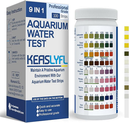 Aquarium Test Strips,100 Strips 9 in1 Saltwater and Freshwater Aquarium Test Kit for Aquarium,Pond and Fish tank,Testing Carbonate,Alkalinity,pH,Hardness,Free Chlorine,Nitrate,Nitrite,copper and Iron.