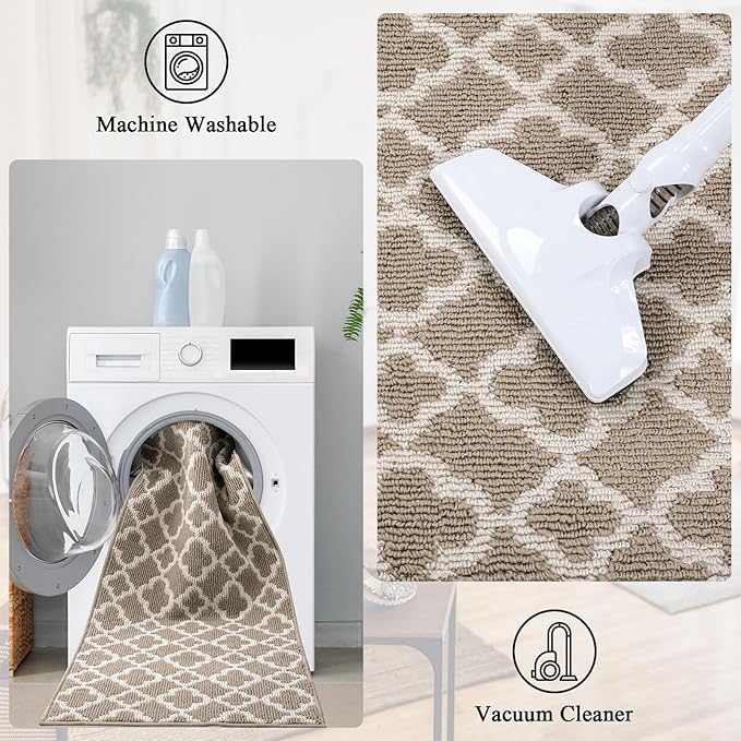 U'Artlines Long Runner Rug for Hallway 2×10feet Non Slip Kitchen Floor Carpet Runners Beige Geometric Pattern Machine Washable Area Rug for Entryway Bathroom
