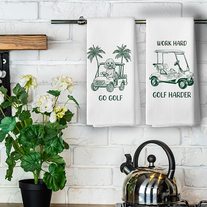 Golf Dog Kitchen Towels - Poodle Dish Towels, Sports Gifts, Pet Golf Club Decorative Absorbent Dishcloths Hand Towels Set of 2 for Kitchen Gym Spa Decor 16x24 Inches
