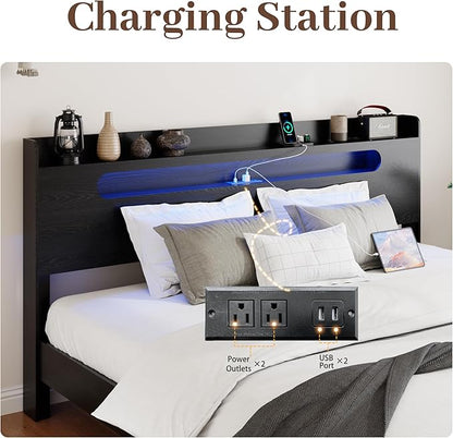 Wooden Queen Size Bed Frame with Storage Headboard, Farmhouse Platform Bedframe with Charging Station & Led Lights, Sturdy Wood Slat Framework, Easy Assembly (Rustic Black)