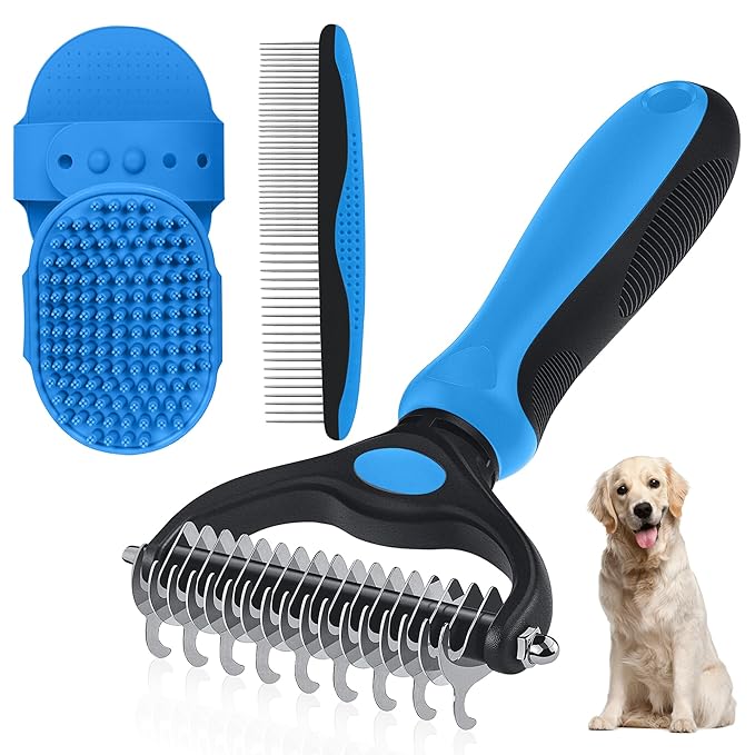Double-Sided Pet Grooming Rake - 4-in-1 Professional Pet Grooming Kit, Deshedding Dematting Tool for Dogs, Cats, Extra-Wide Grooming Brush & Deshedder Comb for Long and Short Haired Pets (4PCS Blue)