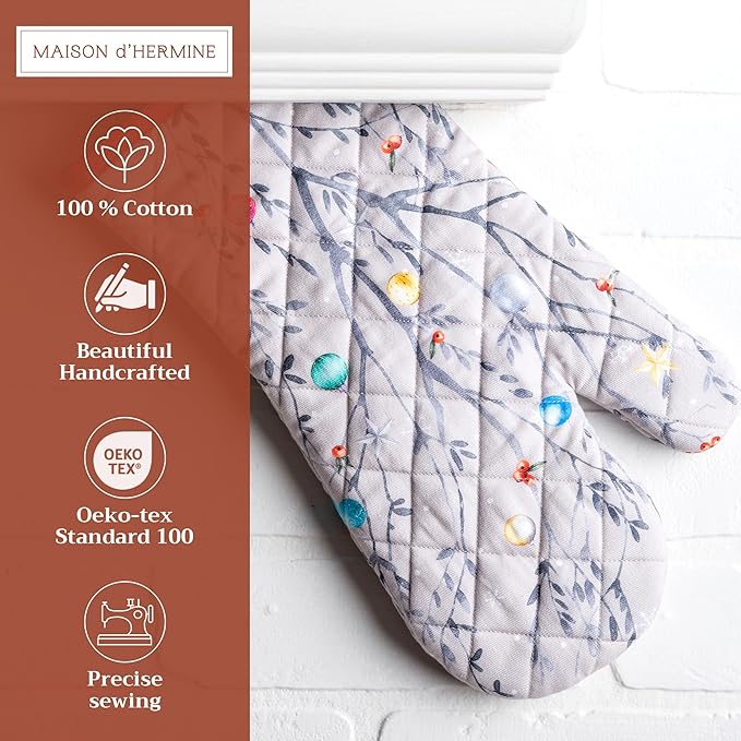 Maison d' Hermine Oven Gloves 100% Cotton Oven Mitt 7" x 13" with Loop Heat Resistant BBQ Cooking Gloves for Thanksgiving Christmas Decorations Baking Handling Hot Pans (Pack of 1, Fairy Christmas)