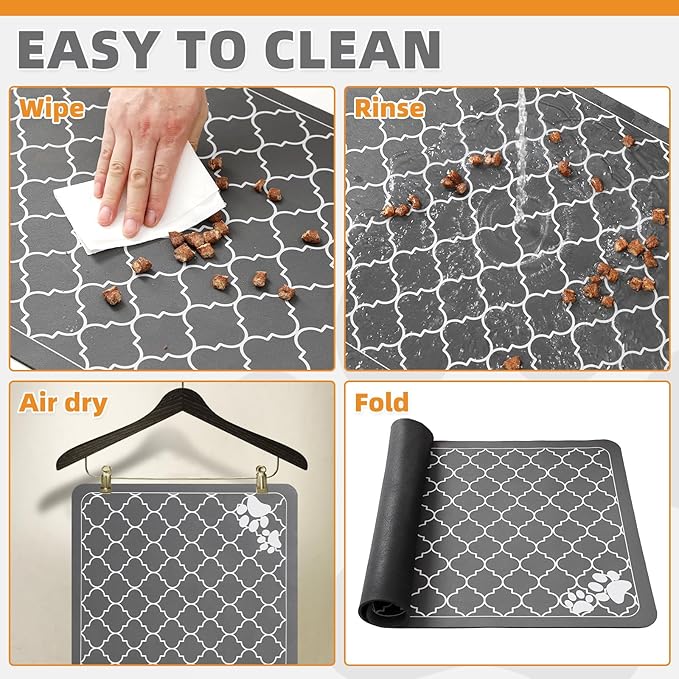 KOOLTAIL Dog Food Mat, 2 Pack Absorbent Pet Feeding Mat for Food and Water Bowls, Placement Pad for Floors with Waterproof Rubber Backing, Quick Dry Water Dispenser Mat for Dogs Cats, Grey, 12"x20"