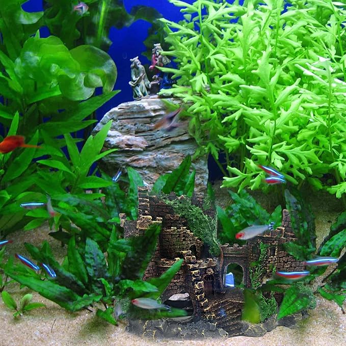 Aquarium Resin Castle Decoration,Ancient Design Fish Tank Ornaments Betta Hideout Stone Cave Accessories for Shrimp Turtle Guppy Crabs (3Pcs)