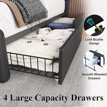 Full Size Bed Frame with 4 Storage Drawers and LED Lights, Upholstered Platform Bed with Adjustable Headboard and Charging Station, Metal Slats Support, No Box Spring Needed,Easy Assembly, Black