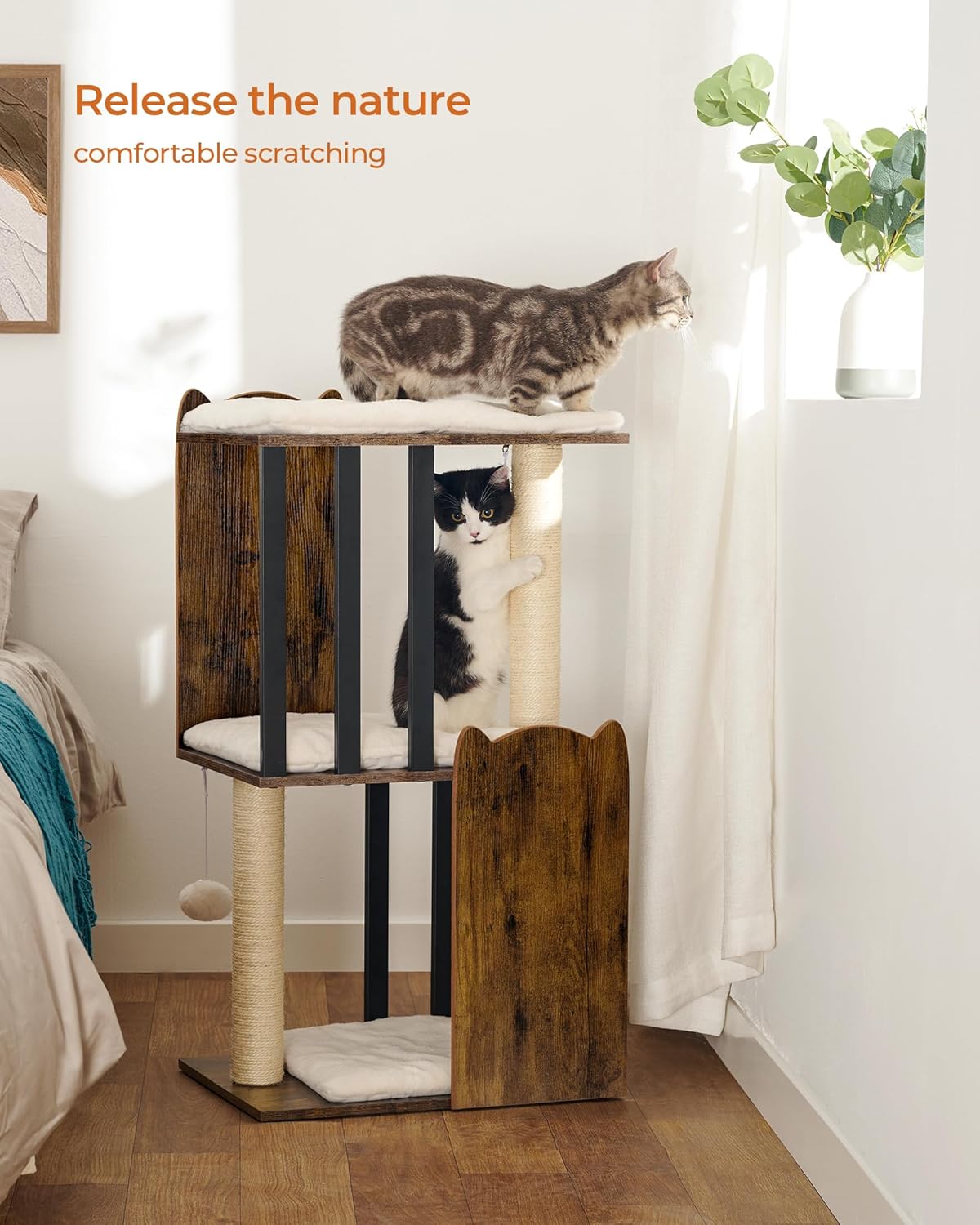FourFurPets 35.4in 3-Tier Modern Cat Tree Tower Condo, Cat Scratch Posts for Indoor Cats, Big Plate, Two Full Sisal Scratching Posts, Rustic Brown