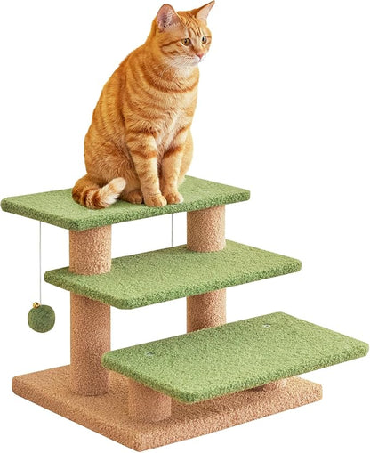 15''H Green Multi-Step Pet Stairs for High Beds & Sofas, 3-Step Cat Stairs with 2 Toy Balls, Wide Boards for Indoor Kittens Dogs Pets Climbing