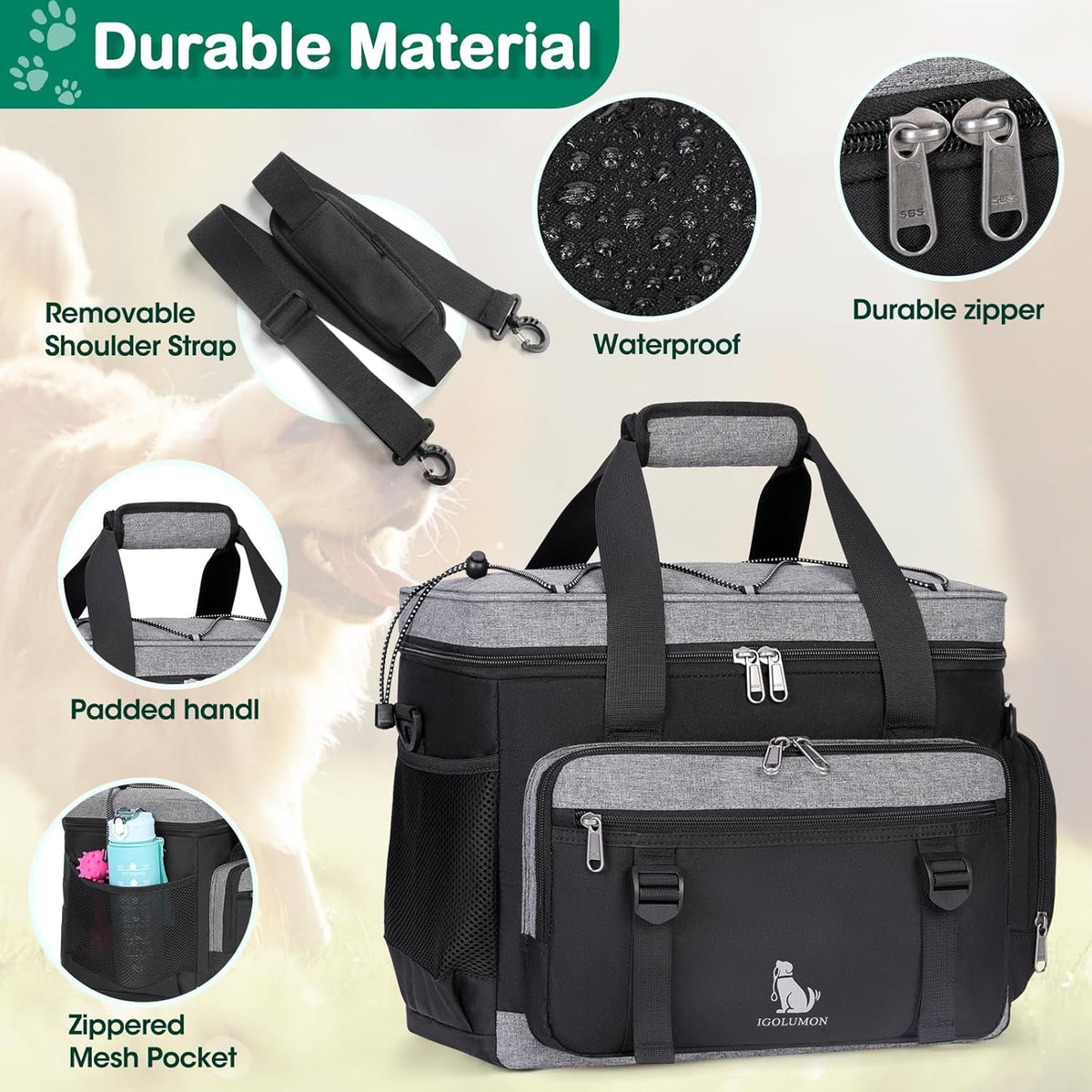 IGOLUMON Dog Travel Bag Large Pet Travel Bags Set for Supplies Weekend Travel Kit Tote Organizer Multi-Pockets Food Travel Bag with 2 Extra Large Food Containers, 2 Dog Bowls, 1 Feeding Mat