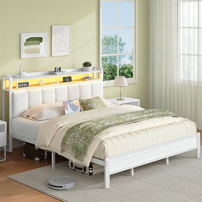 King Bed Frame with LED Lights and Charging Station, Metal Platform Bed Frame King with Upholstered Storage Headboard, Heavy Duty Metal Slats, No Box Spring Needed, Easy Assembly, White