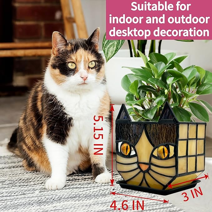 Yellow Cat Plant Pot with Drainage,Cute Planters for Indoor Plants,Stained Glass Cat Flower Pots,Fun Candle Holder Glass Container,Gifts for Gardeners Woman
