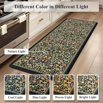 Collive Kitchen Mats for Floor 2PCS, Cushioned Anti Fatigue Mat Non Slip Waterproof Kitchens Sink Rug, Vintage Spring Floral Rugs Comfort Standing Mat for Laundry, Desk, Bar, Office, Black